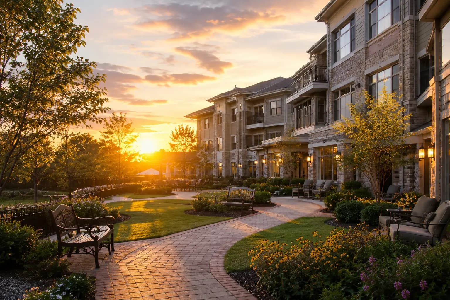 Senior living community courtyard at golden hour, showcasing the quality of partner communities in Las Vegas