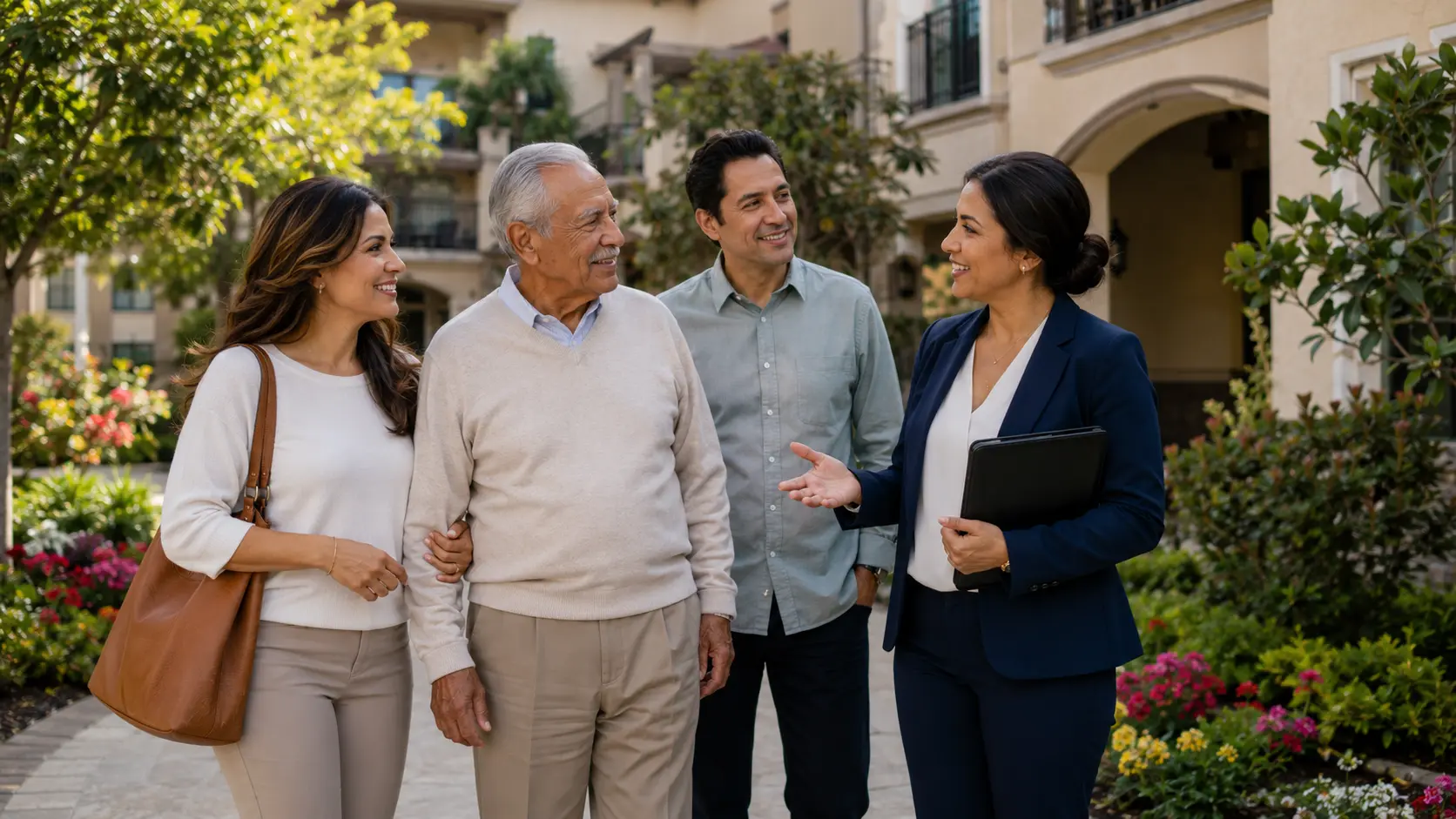 Family touring a warm and welcoming Las Vegas senior living community with an advisor