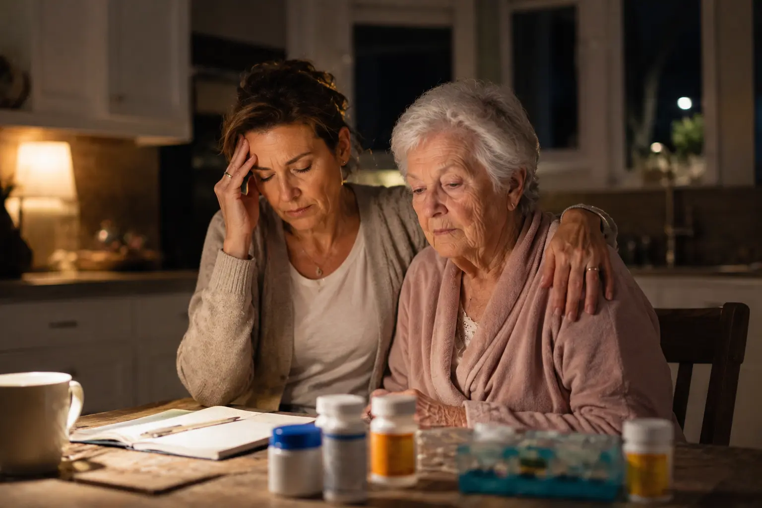 Exhausted adult daughter sitting with her elderly mother late at night surrounded by medications, representing caregiver burnout