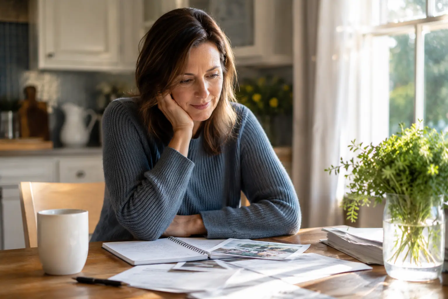 Woman researching senior living options and reviewing brochures at her kitchen table