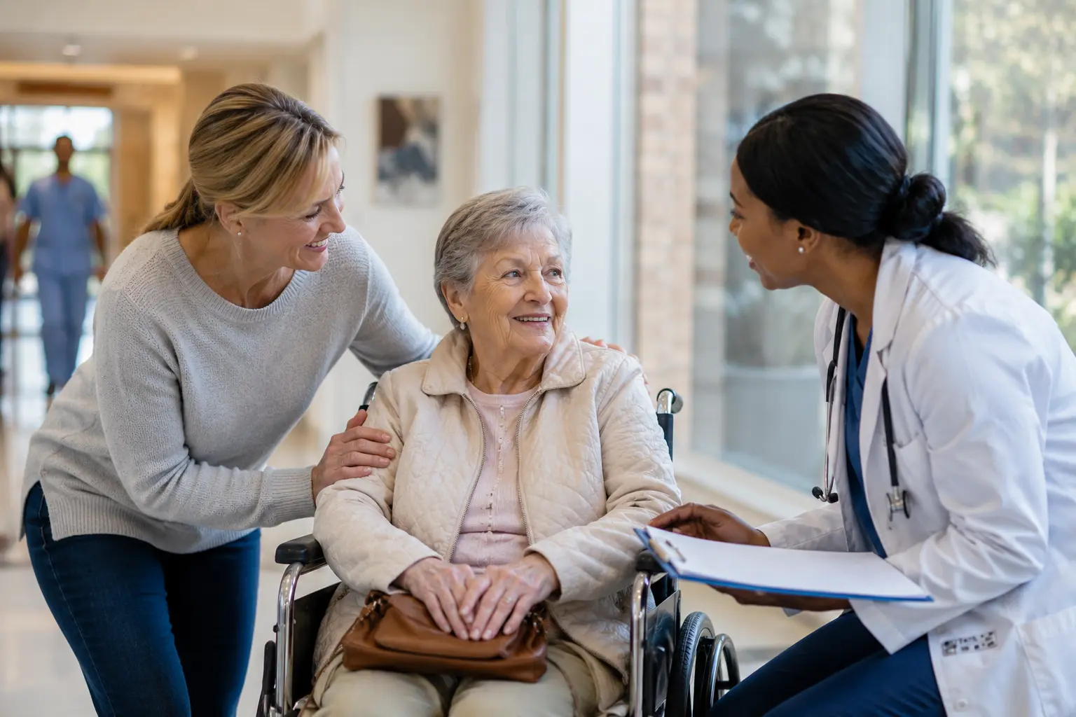 Adult daughter with her mother and a doctor discussing hospital discharge and next steps for senior care